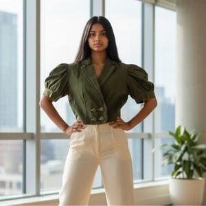 Organic Cotten Olive Green double breasted cropped jacket.